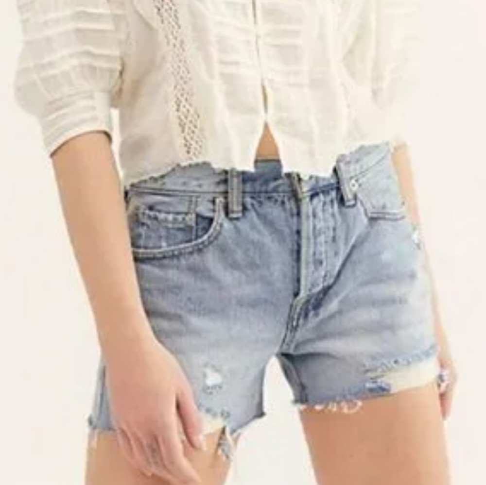 Free People We The Free Mid Rise Sophia Distressed Denim Shorts